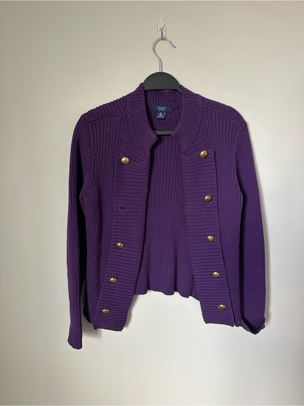 Chaps Purple Double-Breasted Ribbed Cardigan with Gold Buttons